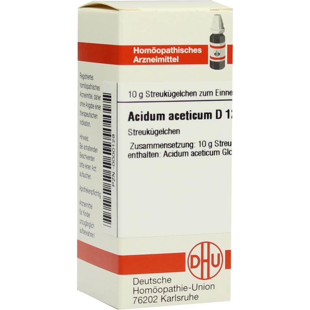 Wei&szlig;e Medikamentenschachtel mit rotem Streifen und Aufschrift "Acidum aceticum D12".