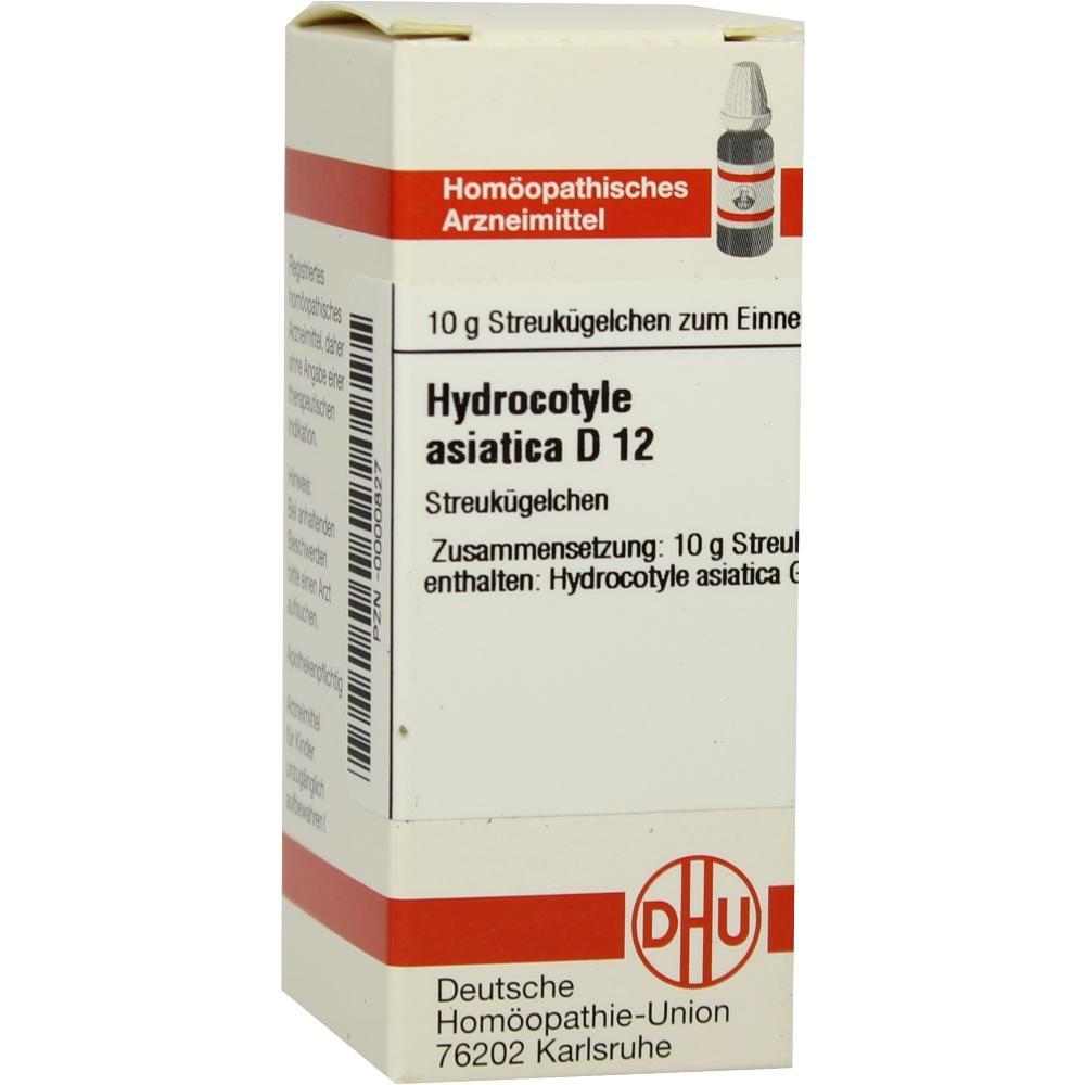 Eine Packung Hom&ouml;opathie f&uuml;r Streuk&uuml;gelchen namens Hydrocotyle asiatica D12.