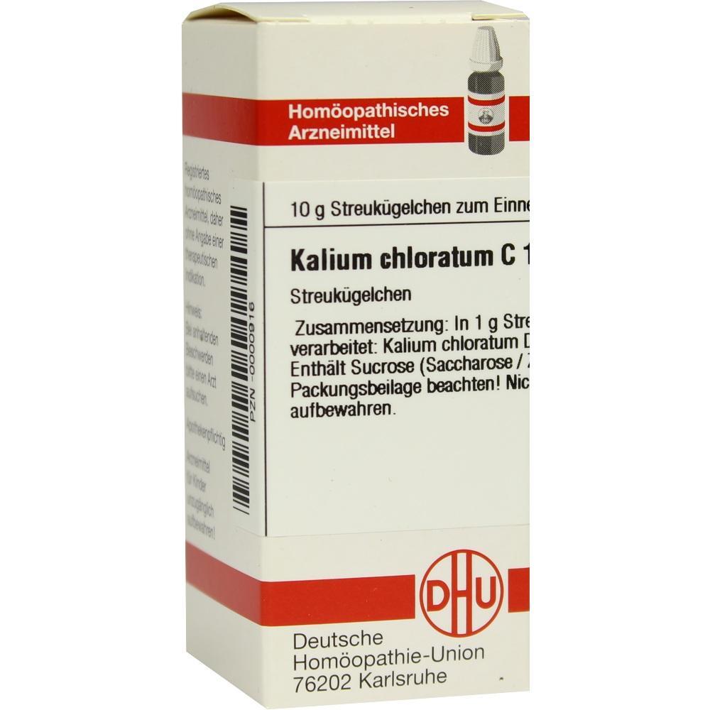 Eine Packung hom&ouml;opathischer Streuk&uuml;gelchen mit der Aufschrift "Kalium chloratum C".