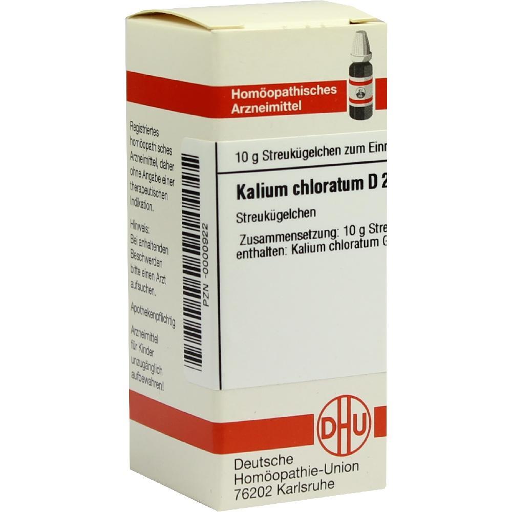 Verpackung eines hom&ouml;opathischen Arzneimittels mit der Aufschrift "Kalium chloratum D 2".