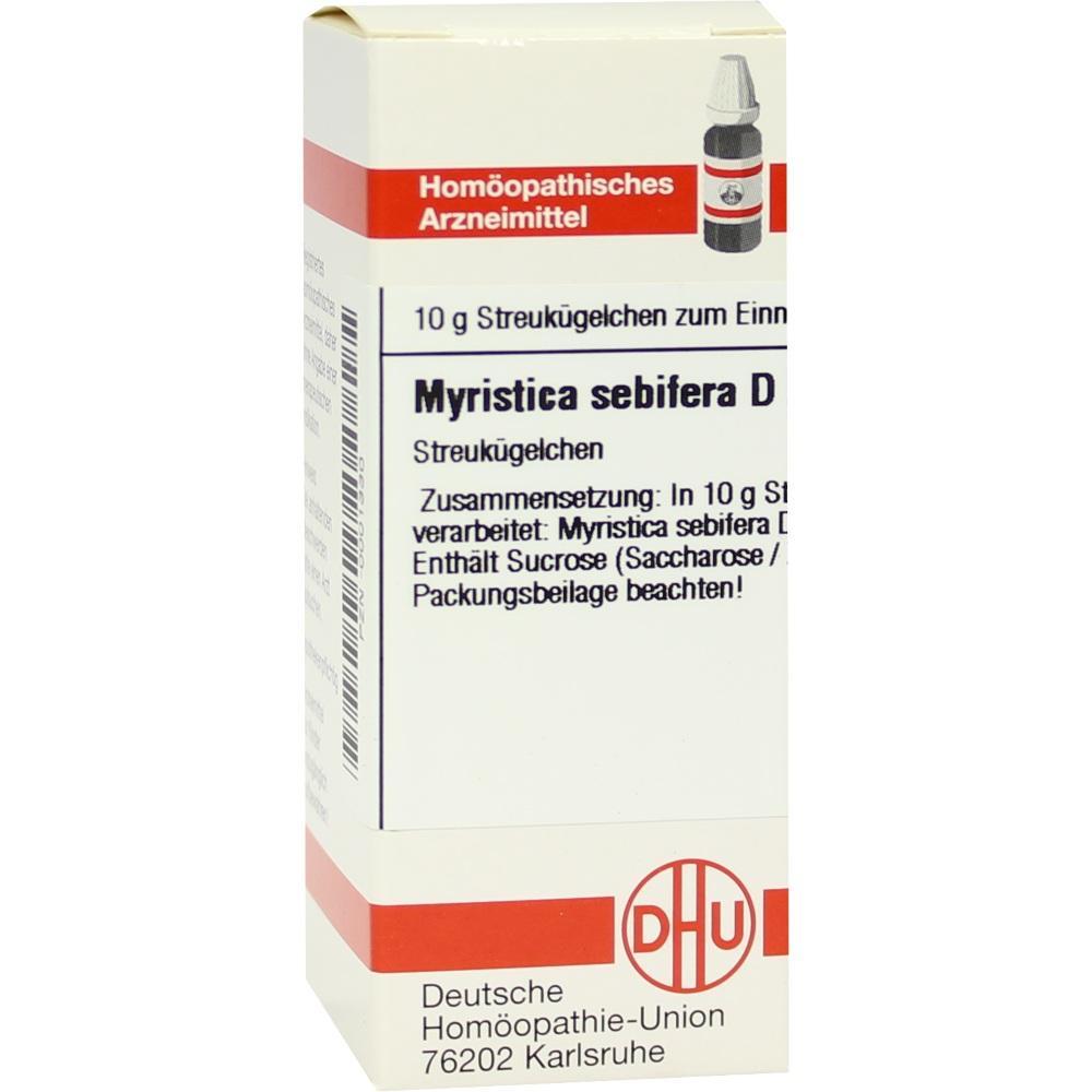 Wei&szlig;e Packung hom&ouml;opathischer Arznei, "Myristica sebifera" steht darauf.