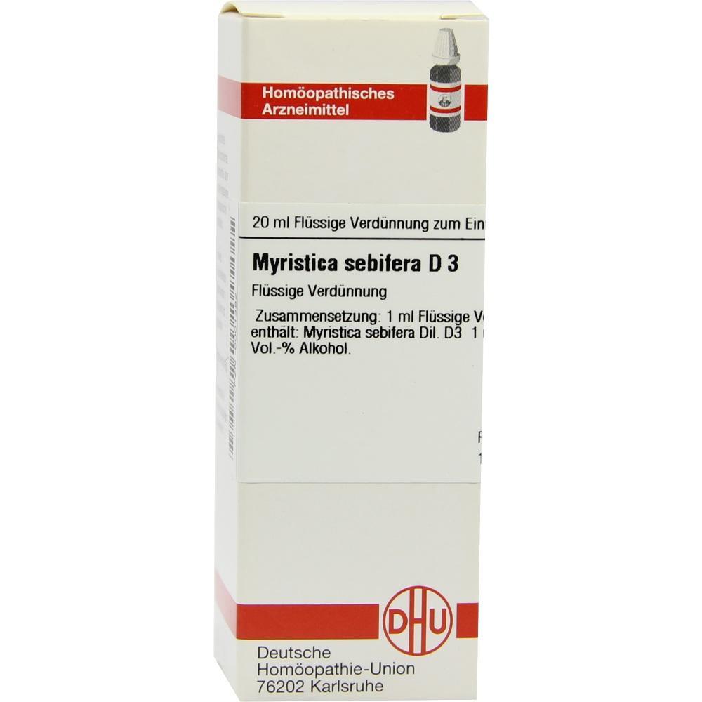 Eine Packung hom&ouml;opathischer Tropfen, Myristica sebifera D3.