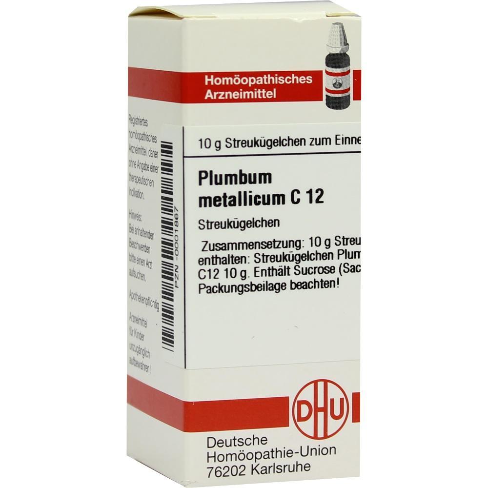 Eine Packung hom&ouml;opathischer Streuk&uuml;gelchen namens Plumbum metallicum C12.