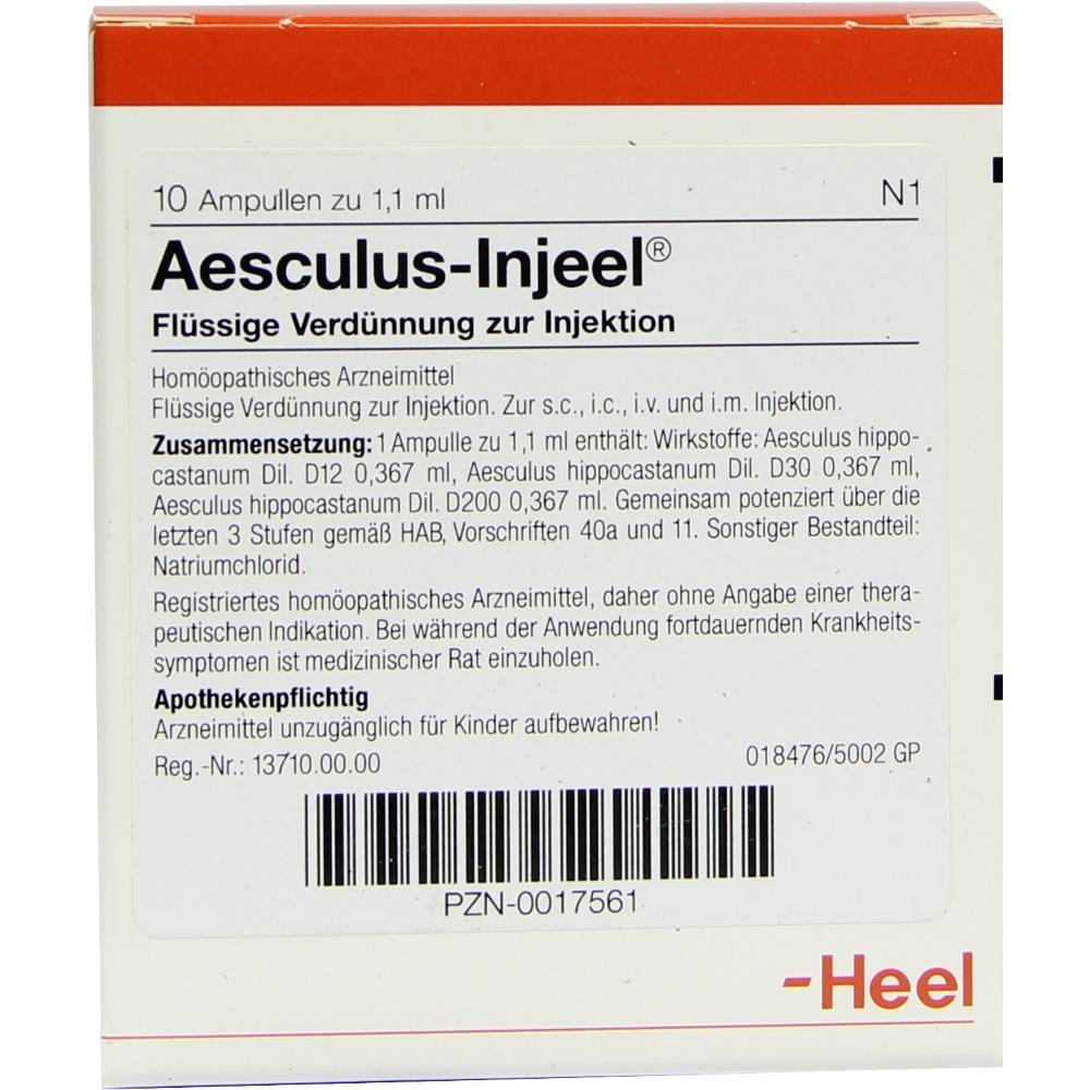 Die Verpackung zeigt hom&ouml;opathische Injektionsl&ouml;sung namens Aesculus-Injeel.