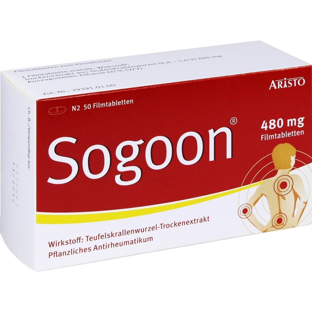 Verpackung von Sogoon Tabletten gegen Rheuma-Schmerzen mit Teufelskrallenwurzelextrakt.
