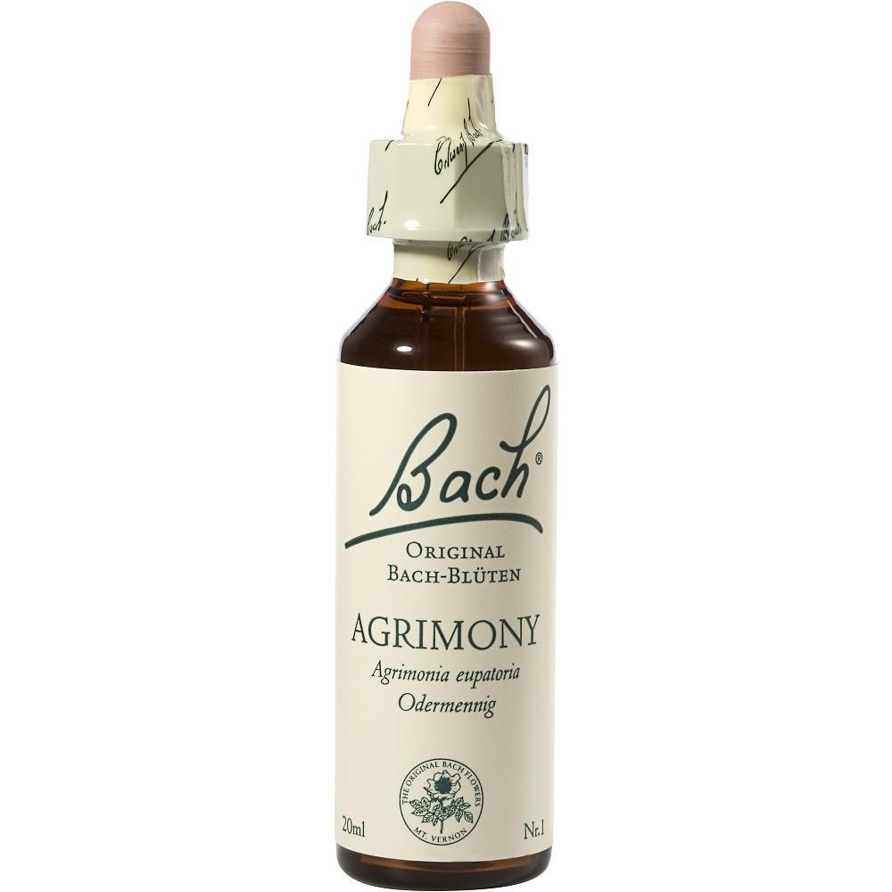 Eine Flasche mit Bachblüten-Essenz namens Agrimony steht aufrecht.