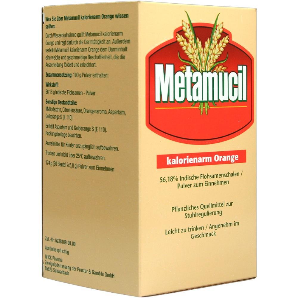Eine Packung mit Metamucil-Pulver in der Geschmacksrichtung kalorienarme Orange.