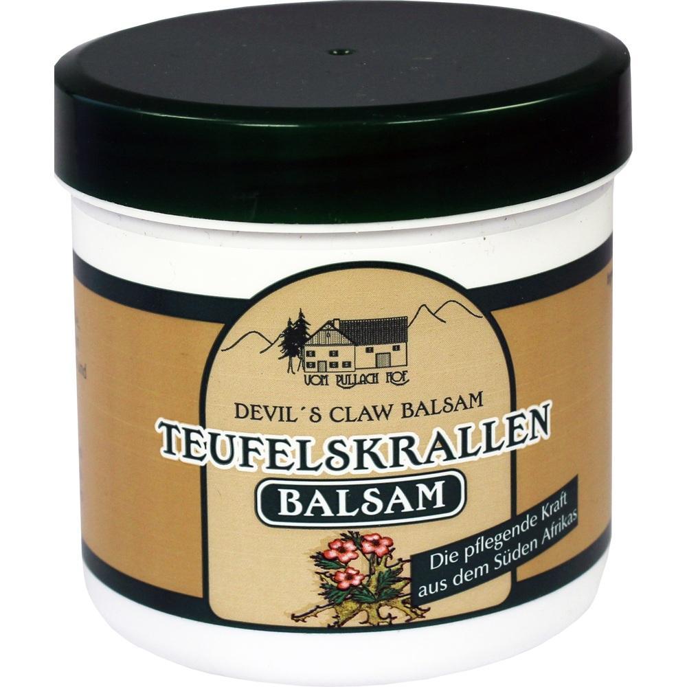 Ein Topf Teufelskralle-Balsam mit braunem Etikett und Text.