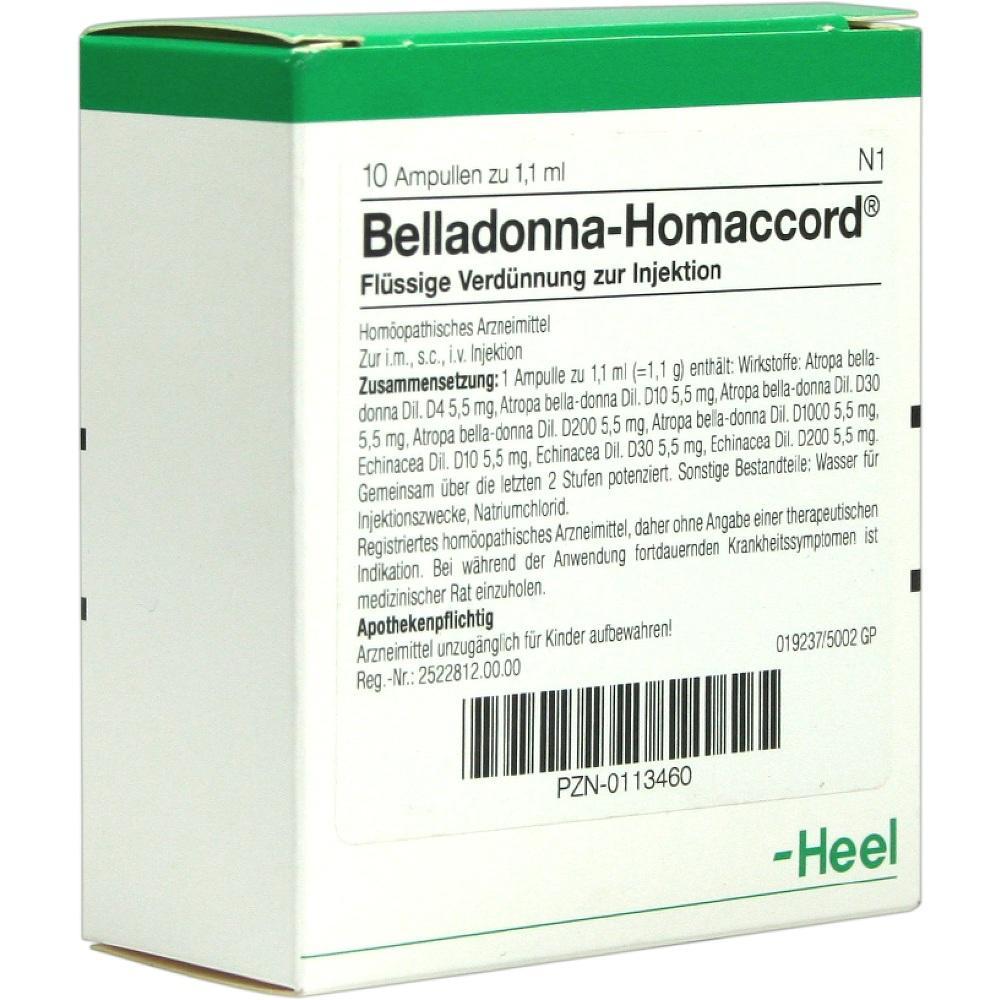 Eine Packung eines hom&ouml;opathischen Mittels namens Belladonna-Homaccord.