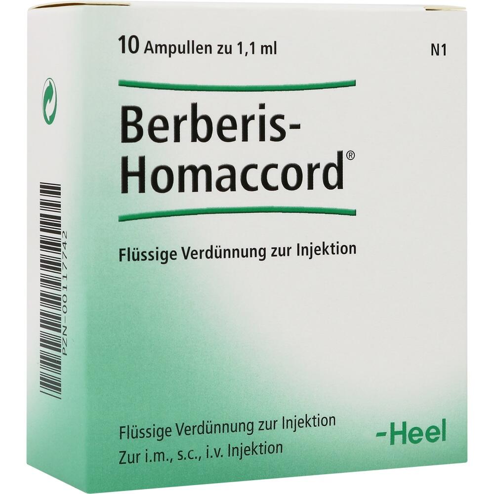 Verpackung mit 10 Ampullen Berberis-Homaccord zur Injektion.