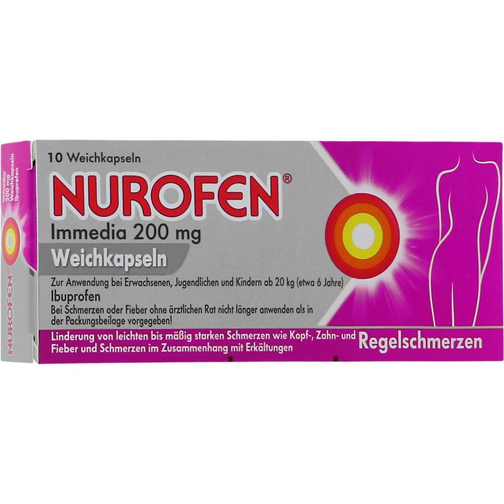 Eine Packung Nurofen Immedia 200 mg Weichkapseln gegen Schmerzen und Fieber.