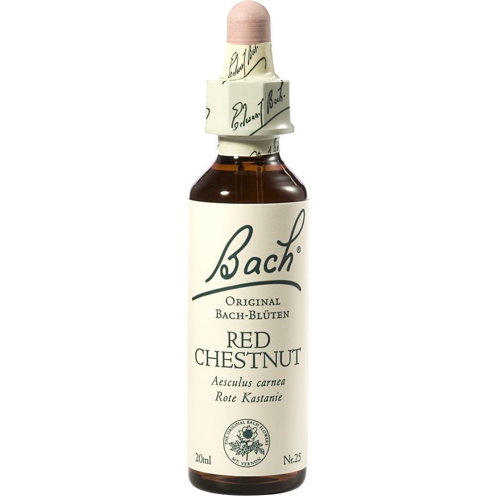 Braune Flasche mit wei&szlig;em Etikett und der Aufschrift "Bach Red Chestnut".