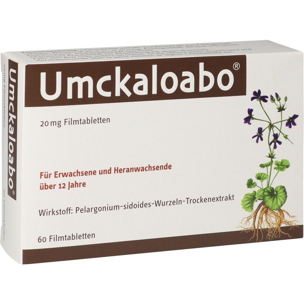 Packung von Umckaloabo Tabletten mit einer Pflanze auf der Vorderseite.