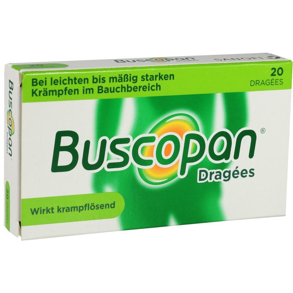 Eine Packung Buscopan Dragées gegen Bauchkrämpfe.