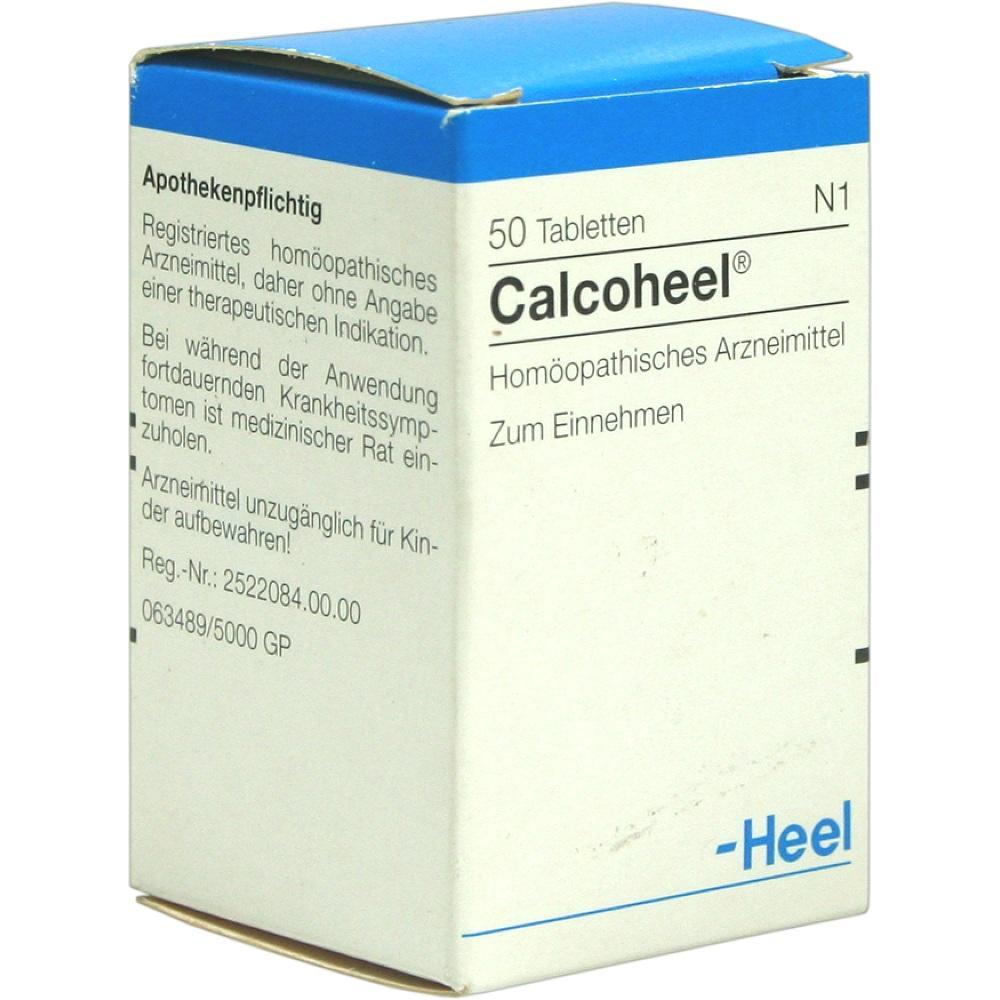 Wei&szlig;e Arzneimittelverpackung mit der Aufschrift "Calcoheel" und blauen Akzenten.