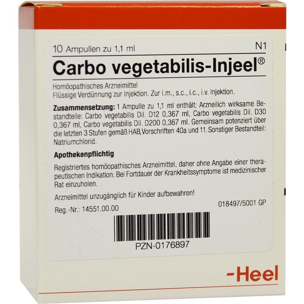 Packung von Carbo vegetabilis-Injeel mit 10 Ampullen, hom&ouml;opathisches Arzneimittel.