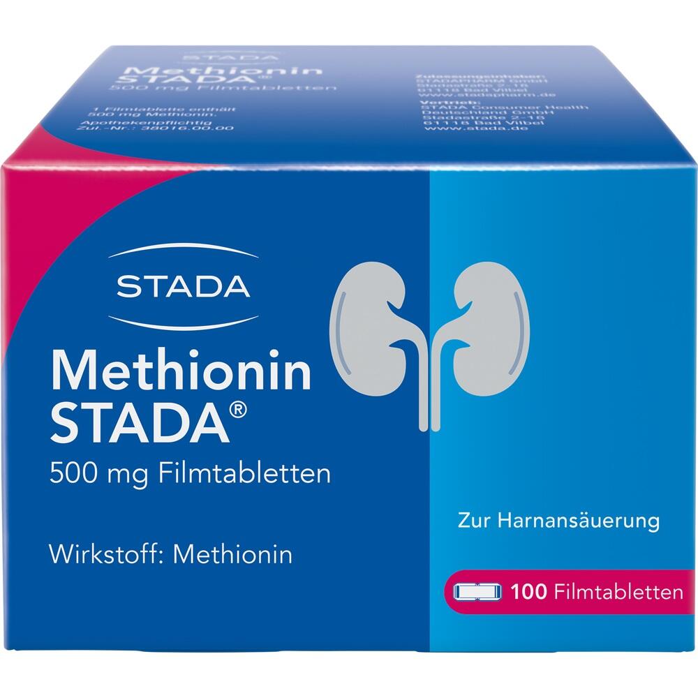 Blaue Verpackung von Methionin STADA Tabletten zur Harnans&auml;uerung.