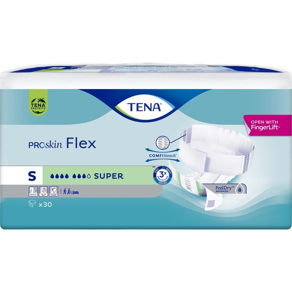 Verpackung von TENA ProSkin Flex Windeln, Gr&ouml;&szlig;e S, mit Bild einer Windel.