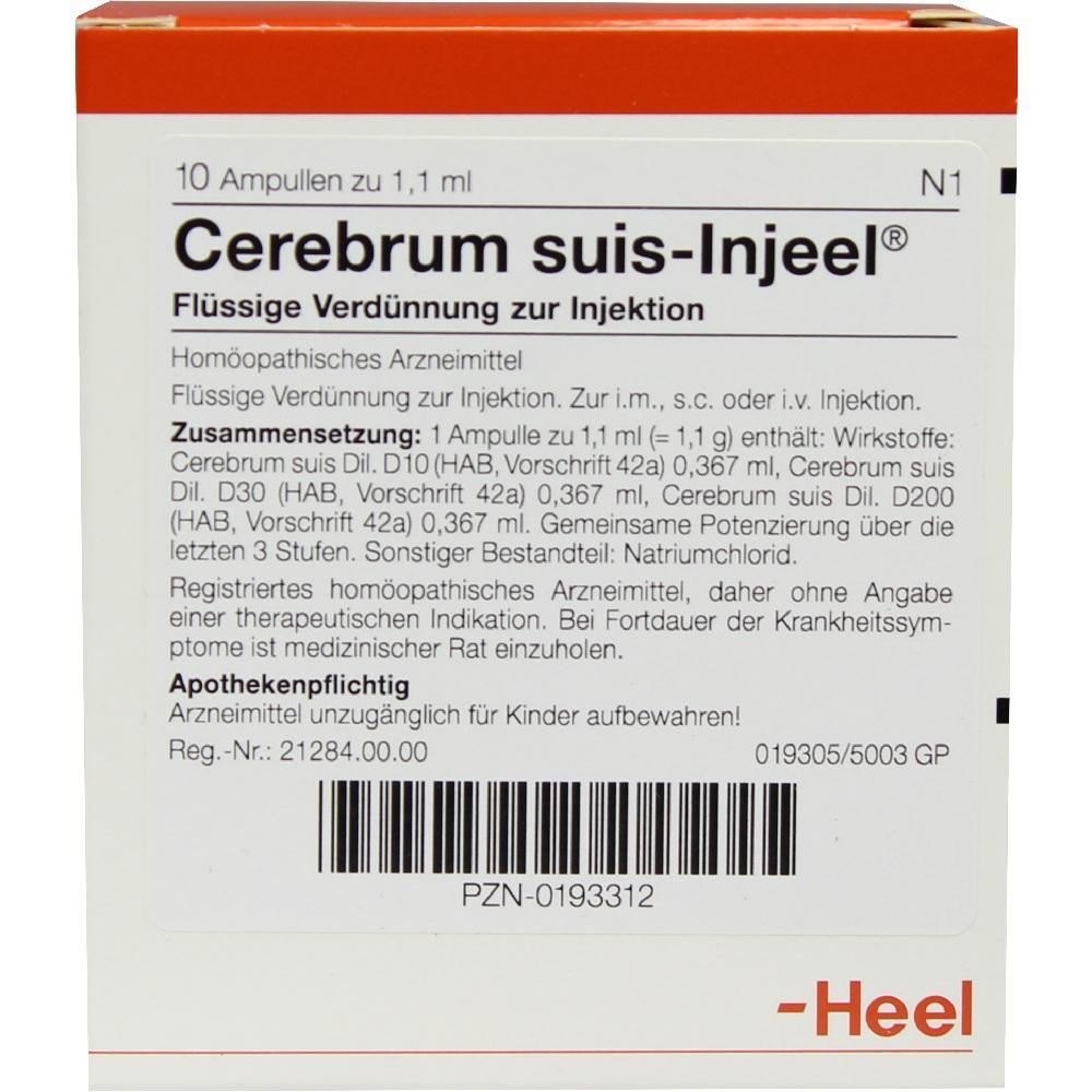 Packung von "Cerebrum suis-Injeel" mit Inhaltsstoffen und Anwendungshinweisen.