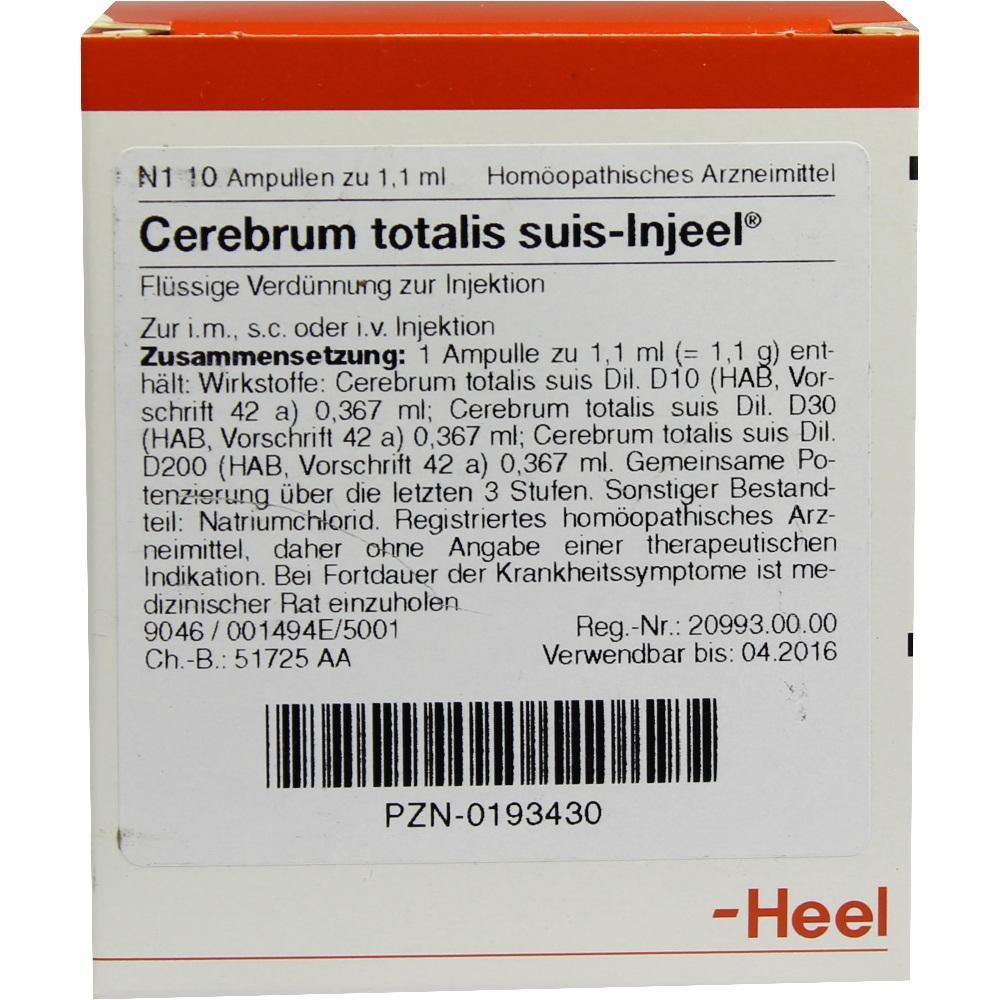 Verpackung eines hom&ouml;opathischen Arzneimittels mit der Aufschrift "Cerebrum totalis suis-Injeel".