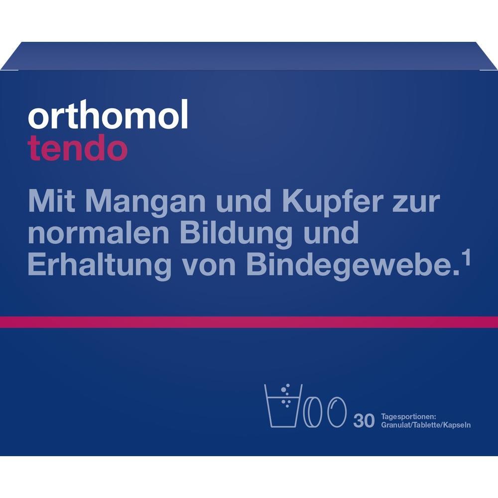 Blaue Packung mit Text: "orthomol tendo, mit Mangan und Kupfer f&uuml;r Bindegewebe".