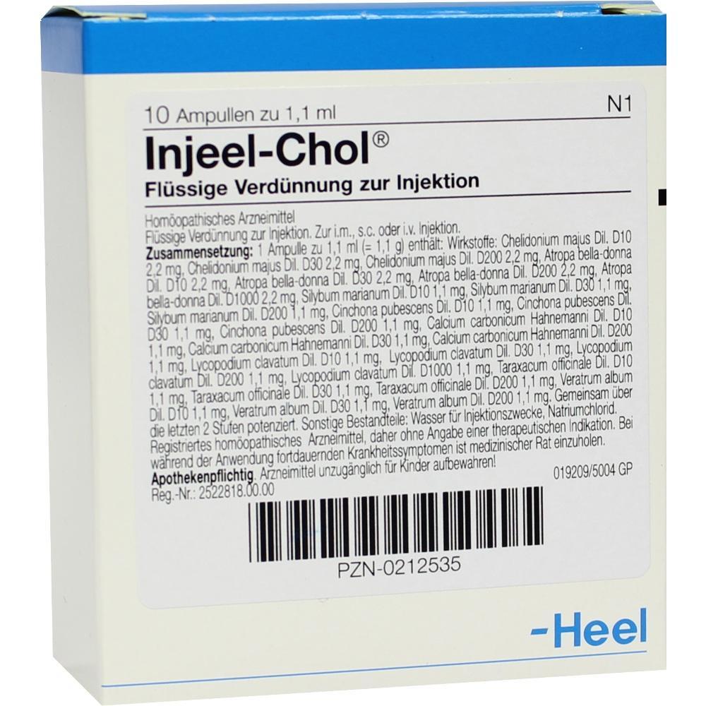 Verpackung von Injeel-Chol enth&auml;lt 10 Ampullen f&uuml;r Injektionen mit hom&ouml;opathischen Inhaltsstoffen.