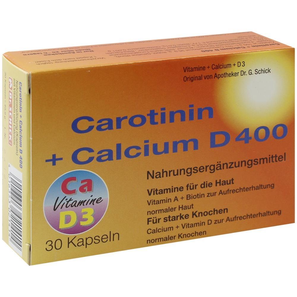 Eine Packung mit Nahrungserg&auml;nzungsmitteln namens Carotinin + Calcium D400.