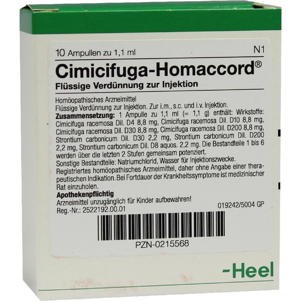 Packung mit hom&ouml;opathischem Injektionsmittel namens Cimicifuga-Homaccord.