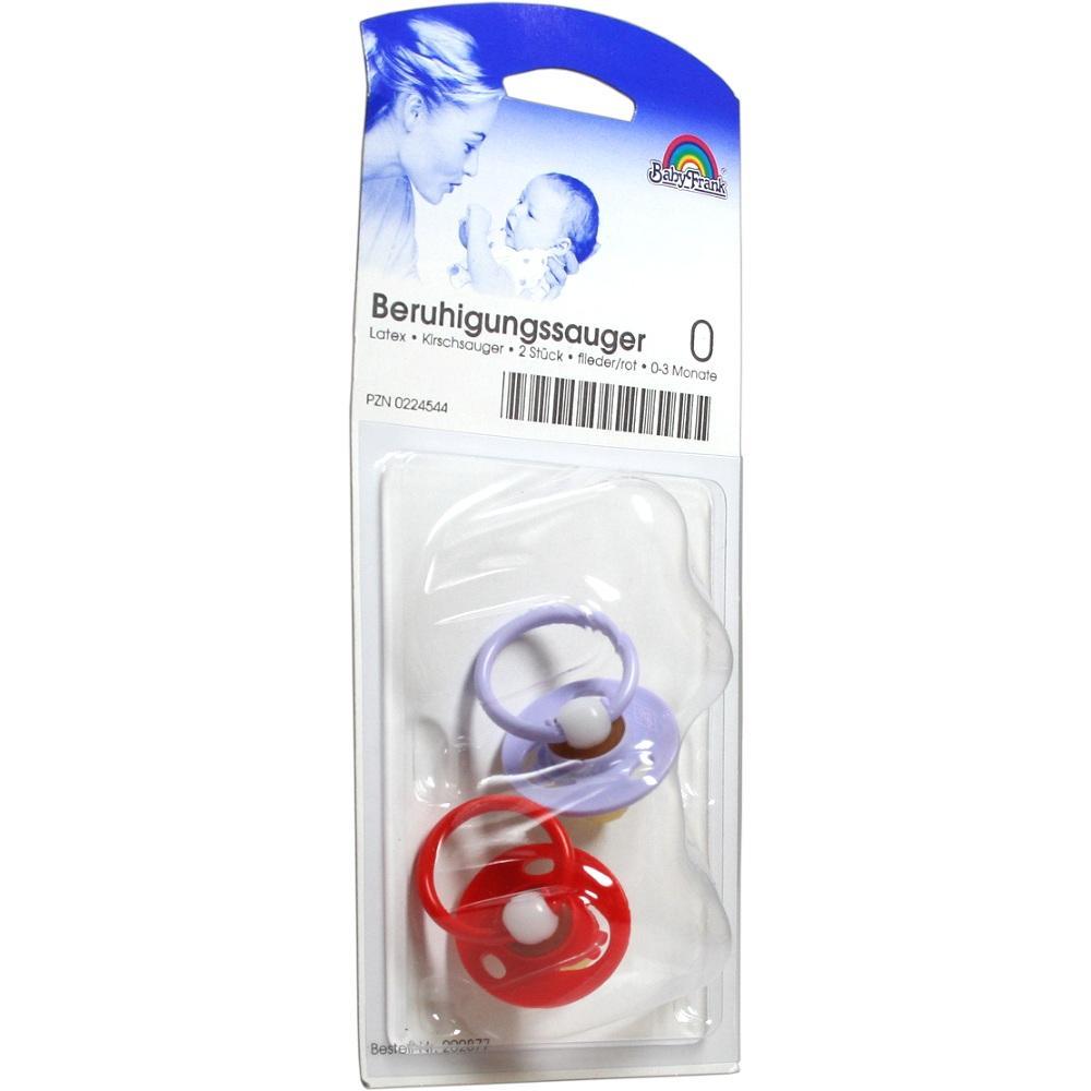 Zwei Beruhigungssauger, rot und lila, f&uuml;r Babys ab 0 Monaten, in einer Verpackung.