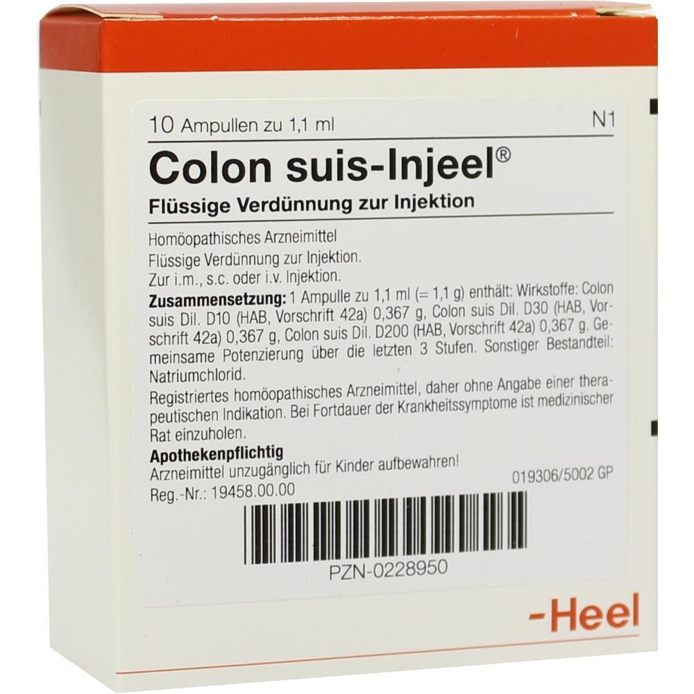 Packung mit hom&ouml;opathischen Injektionsampullen mit der Aufschrift "Colon suis-Injeel".