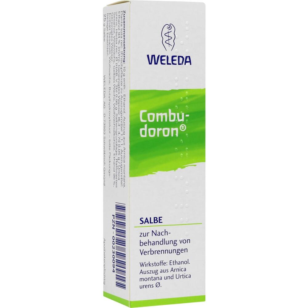 Wei&szlig;e Verpackung der Weleda Combudoron Salbe zur Behandlung von Verbrennungen.
