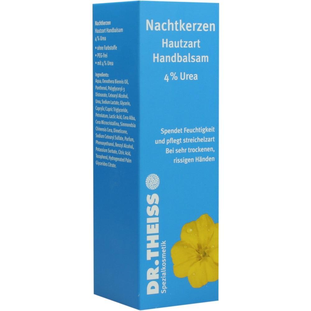 Blaue Verpackung von Handbalsam mit gelber Blume und Text &uuml;ber Hautpflege.