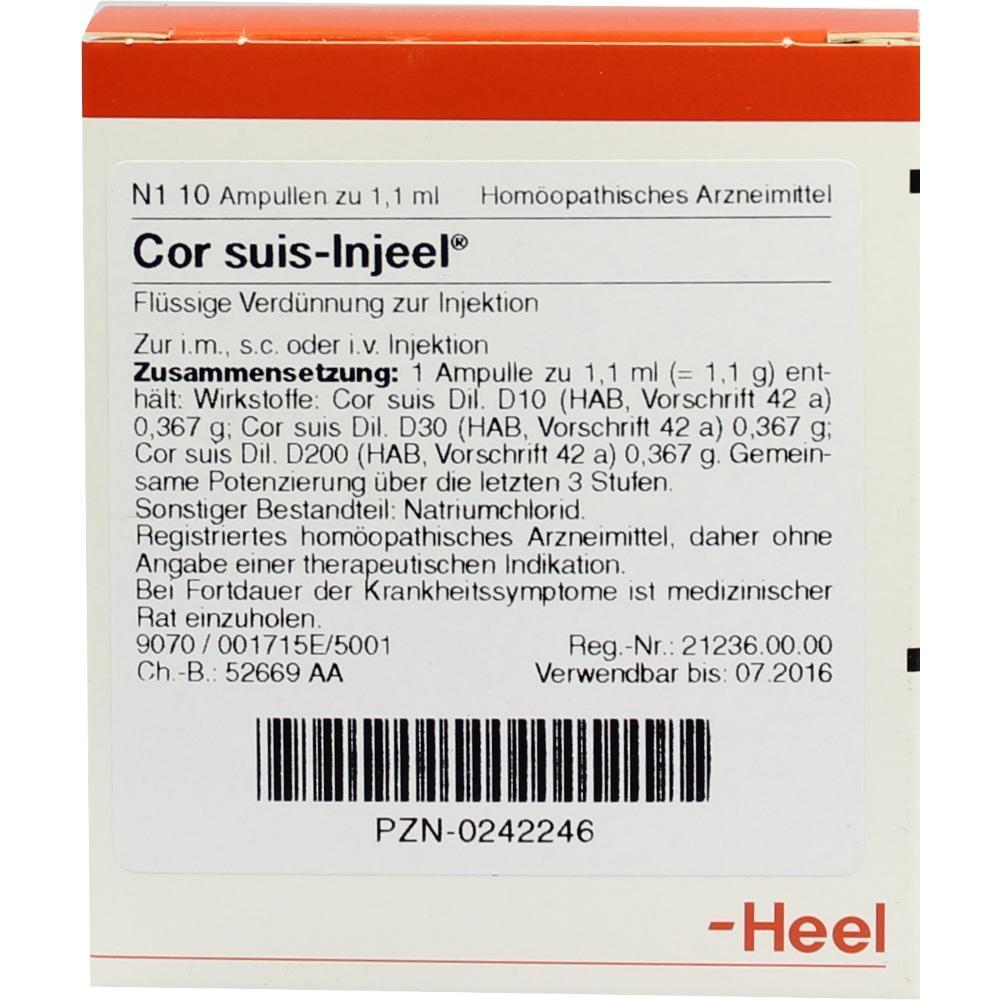 Eine Verpackung des hom&ouml;opathischen Mittels "Cor suis-Injeel" mit Inhaltsangaben.