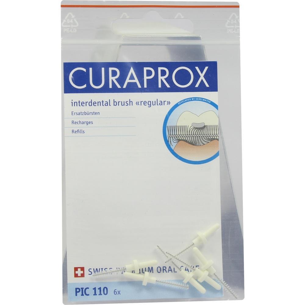 Verpackung mit sechs weißen Interdentalbürsten von Curaprox für die Zahnzwischenraumreinigung.