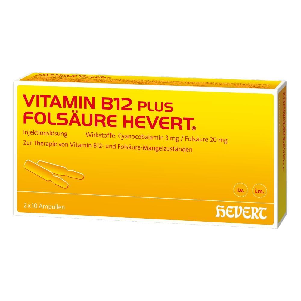 Gelbe Packung mit Vitamin B12- und Fols&auml;ure-Injektionen von Hevert.