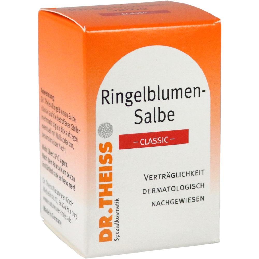 Rote und wei&szlig;e Verpackung einer Ringelblumen-Salbe von Dr. Theiss.