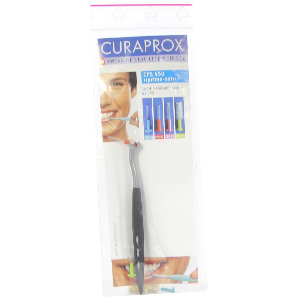 Eine Interdentalbürste und Bürstenaufsätze in einer Verpackung.