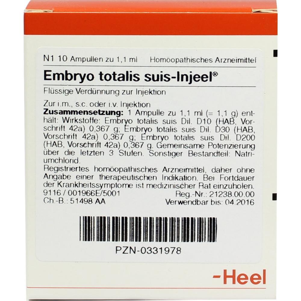 Die Verpackung zeigt ein hom&ouml;opathisches Arzneimittel namens "Embryo totalis suis-Injeel".