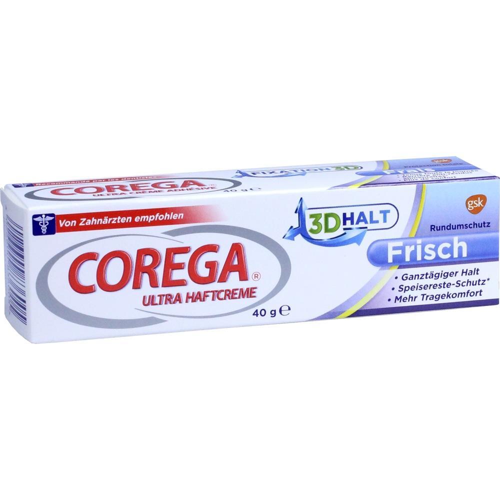 Eine Packung Corega Ultra Haftcreme f&uuml;r Zahnprothesen.