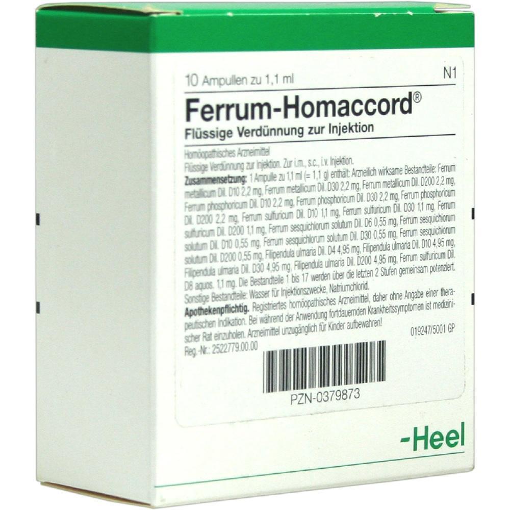 Eine Packung mit 10 Injektionsampullen des hom&ouml;opathischen Mittels Ferrum-Homaccord.