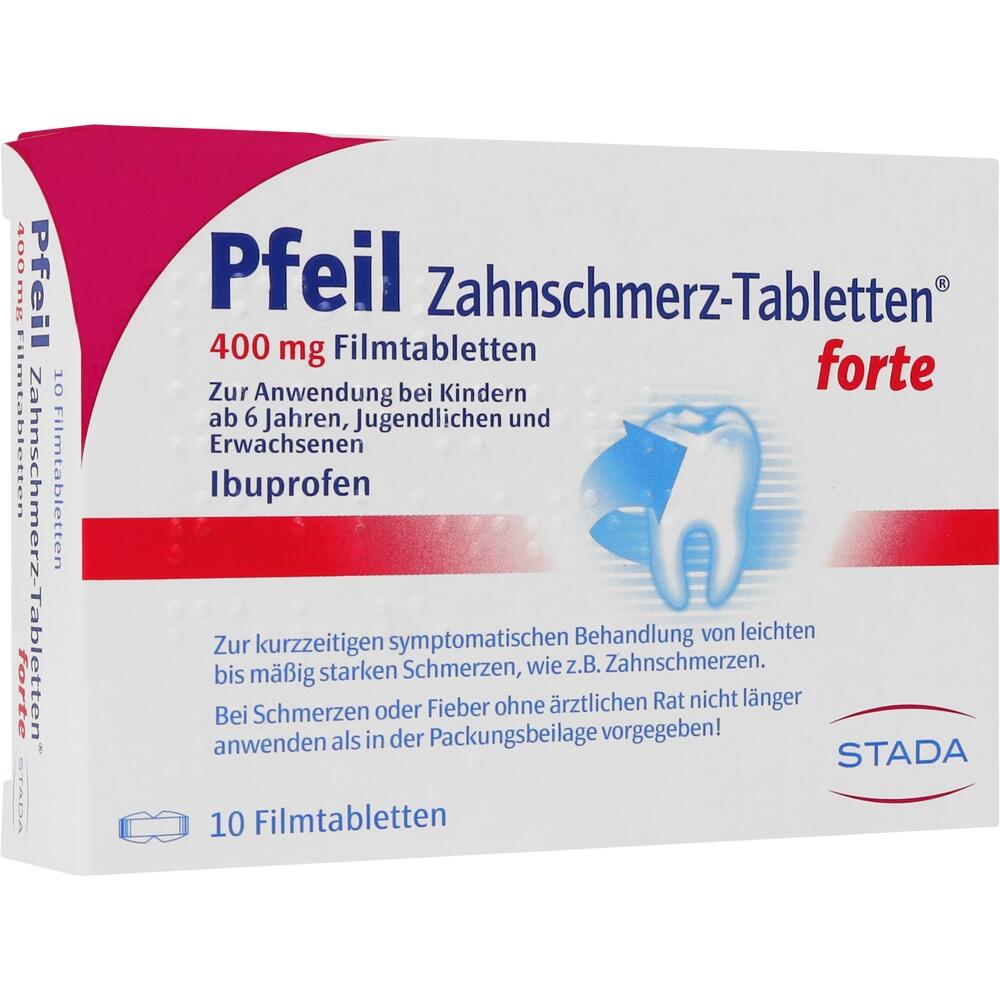 Eine Packung mit 10 Zahnschmerz-Tabletten mit Ibuprofen.