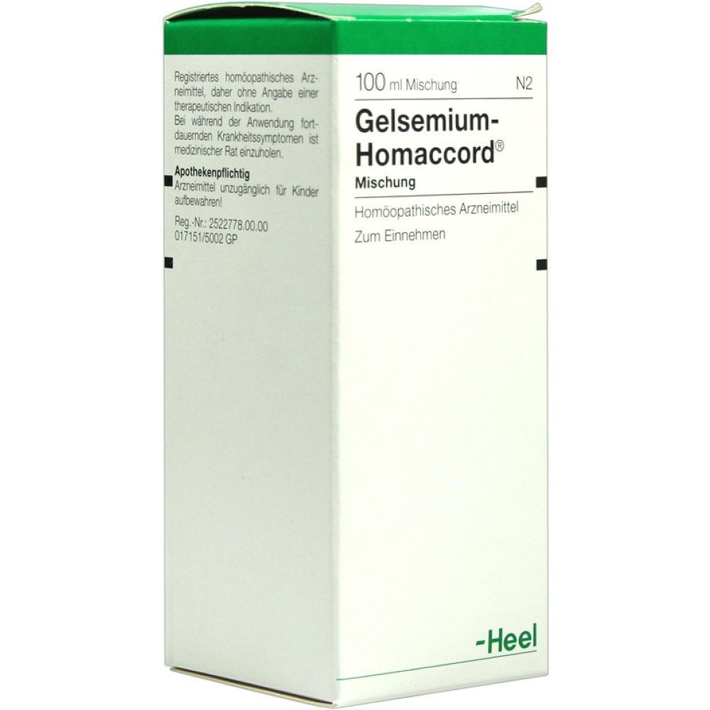 Eine Verpackung von hom&ouml;opathischem Arzneimittel namens Gelsemium-Homaccord.