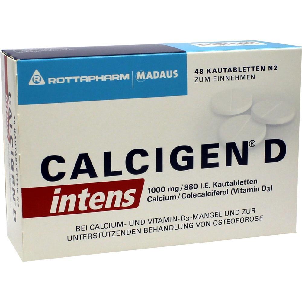 Eine Packung Calcigen D Intens Kautabletten zur Behandlung von Kalzium- und Vitamin-D3-Mangel.