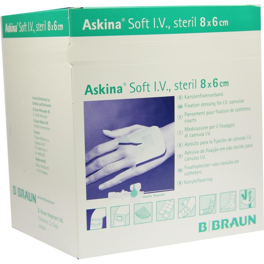 Weiße Verpackung für sterile Kanülenfixierverbände der Marke Askina Soft I.V., 8x6 cm.