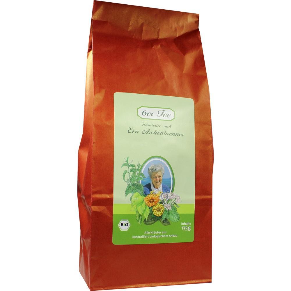 Roter Teebeutel mit gr&uuml;nem Etikett und einer Person darauf.