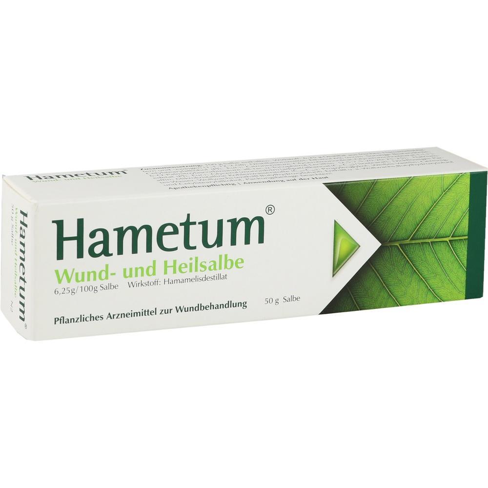 Hametum Wund- und Heilsalbe in einer wei&szlig;en Verpackung mit gr&uuml;nem Blattmotiv.