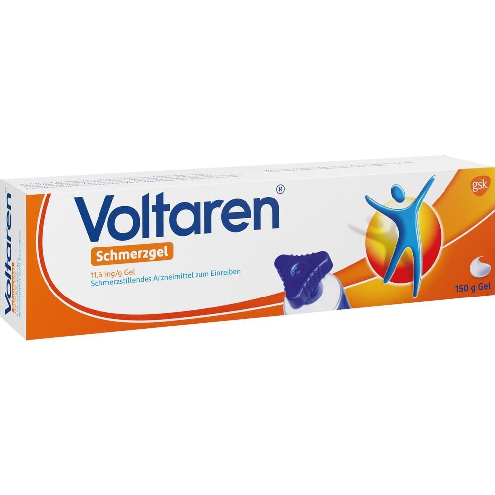 Wei&szlig;e Verpackung von Voltaren Schmerzgel mit farbigem Logo und blauer Kappe.