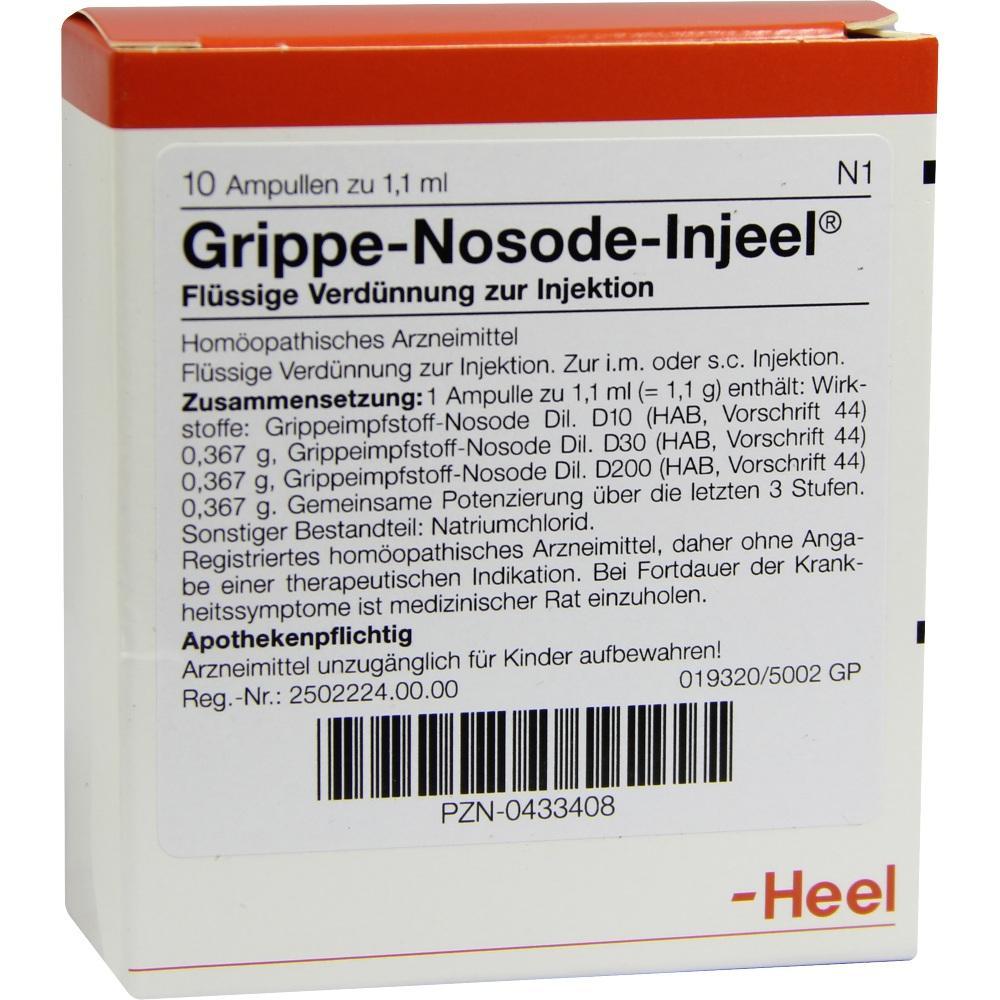 Verpackung von hom&ouml;opathischem Grippe-Nosode-Injektion mit Dosierungshinweisen.