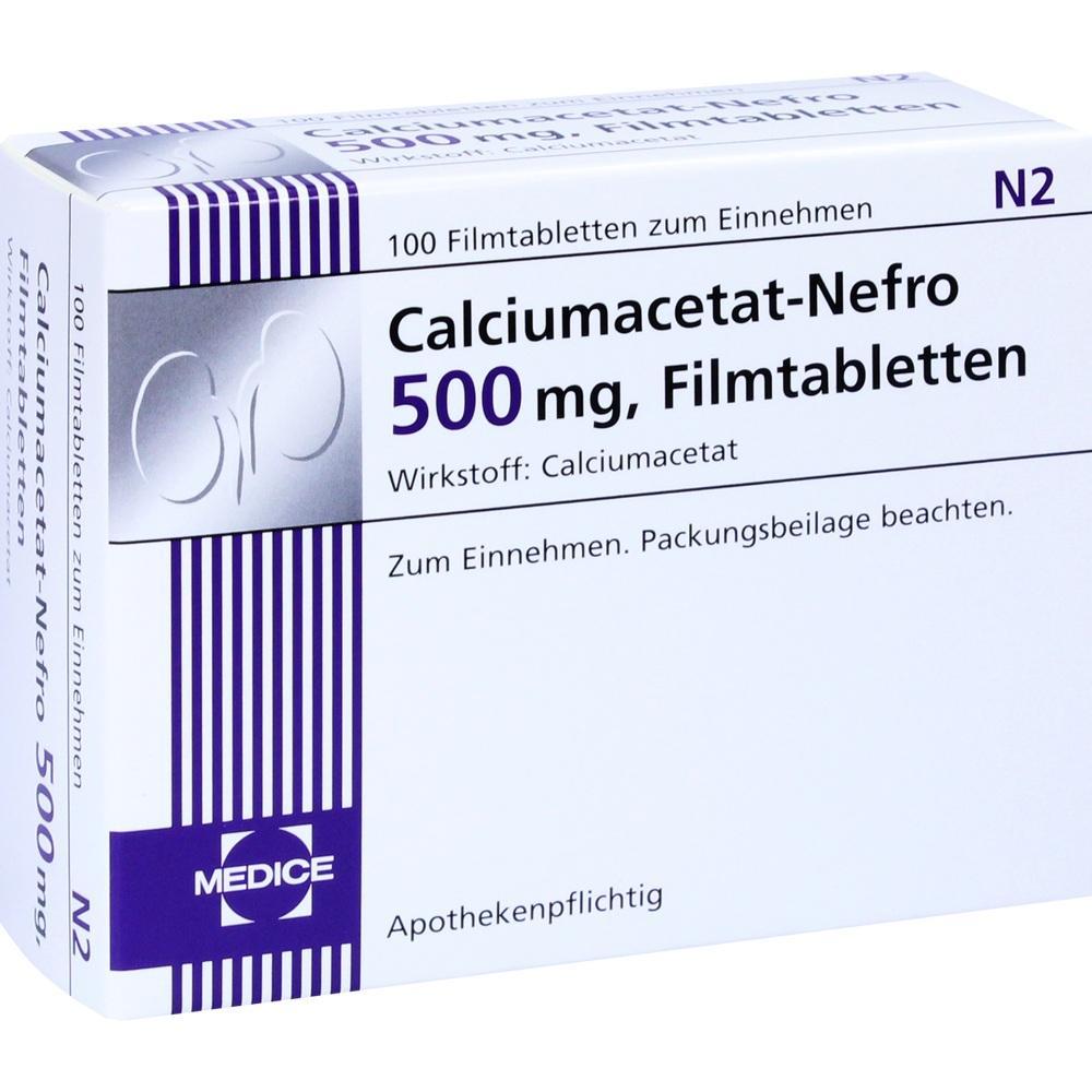 Wei&szlig;e Medikamentenpackung mit der Aufschrift "Calciumacetat-Nefro 500 mg".