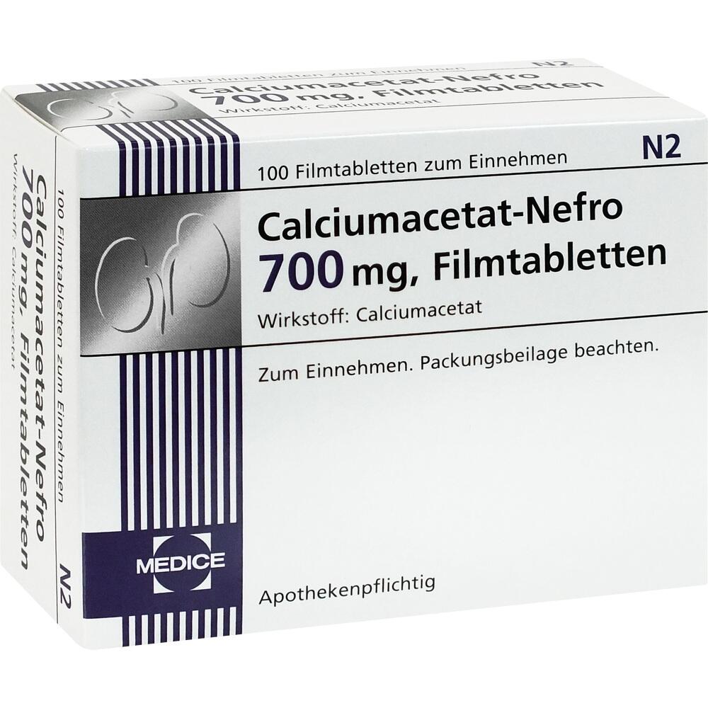 Eine wei&szlig;e Medikamentenverpackung mit der Aufschrift "Calciumacetat-Nefro 700 mg".